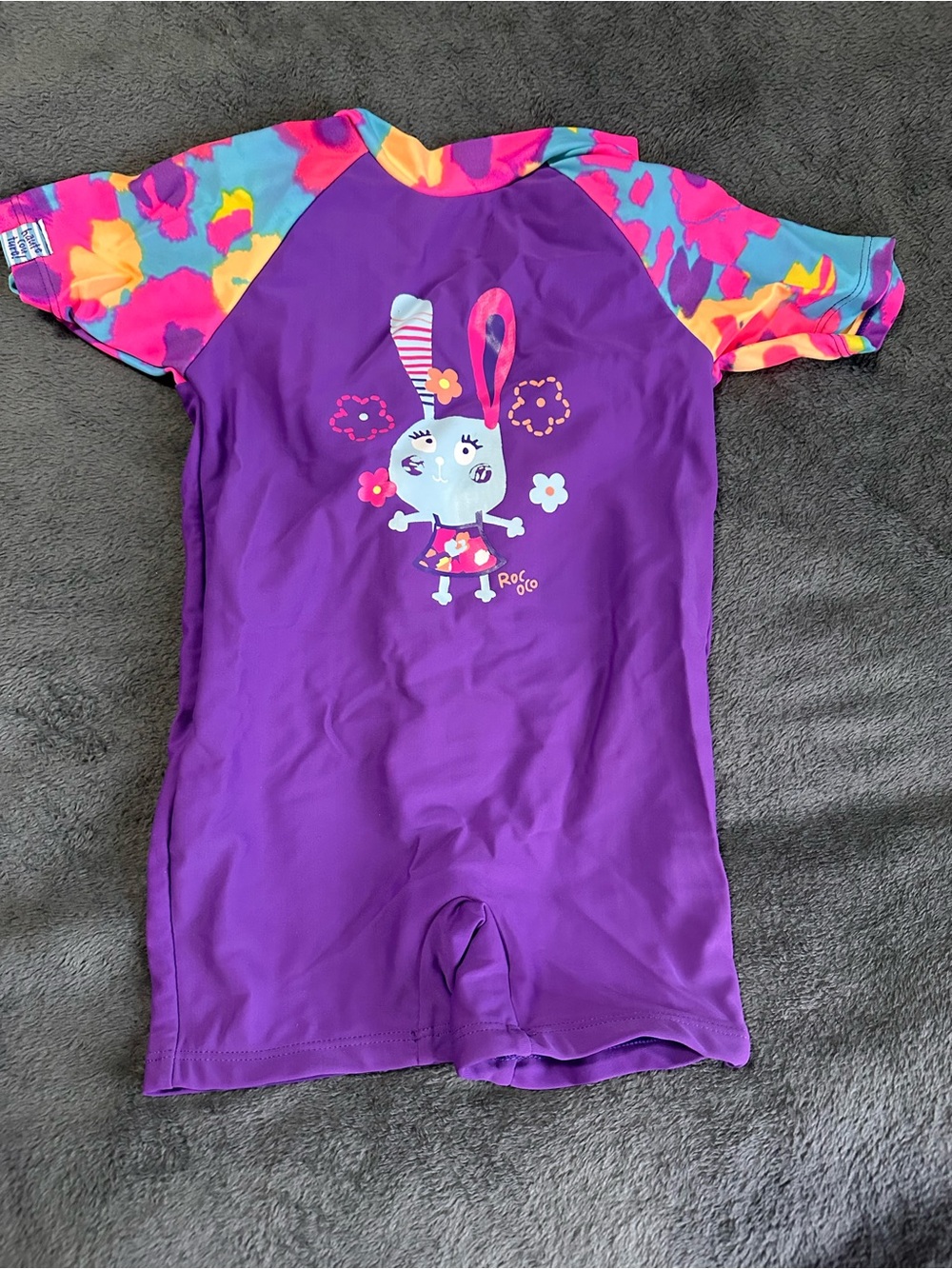 Girls Purple Bunny Short Sleeve Rashguard Swimsuit with Multicolor Sleeves